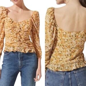 ASTR The Label Yellow Mustard Floral Ruffle Blouse Size Small